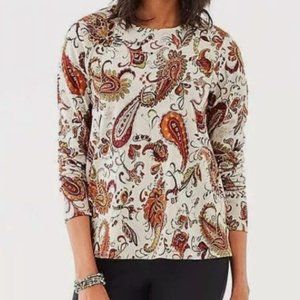 J.JILL Wrapped Back Long Sleeve Cotton Stretch Knit Top Paisley Off White LP